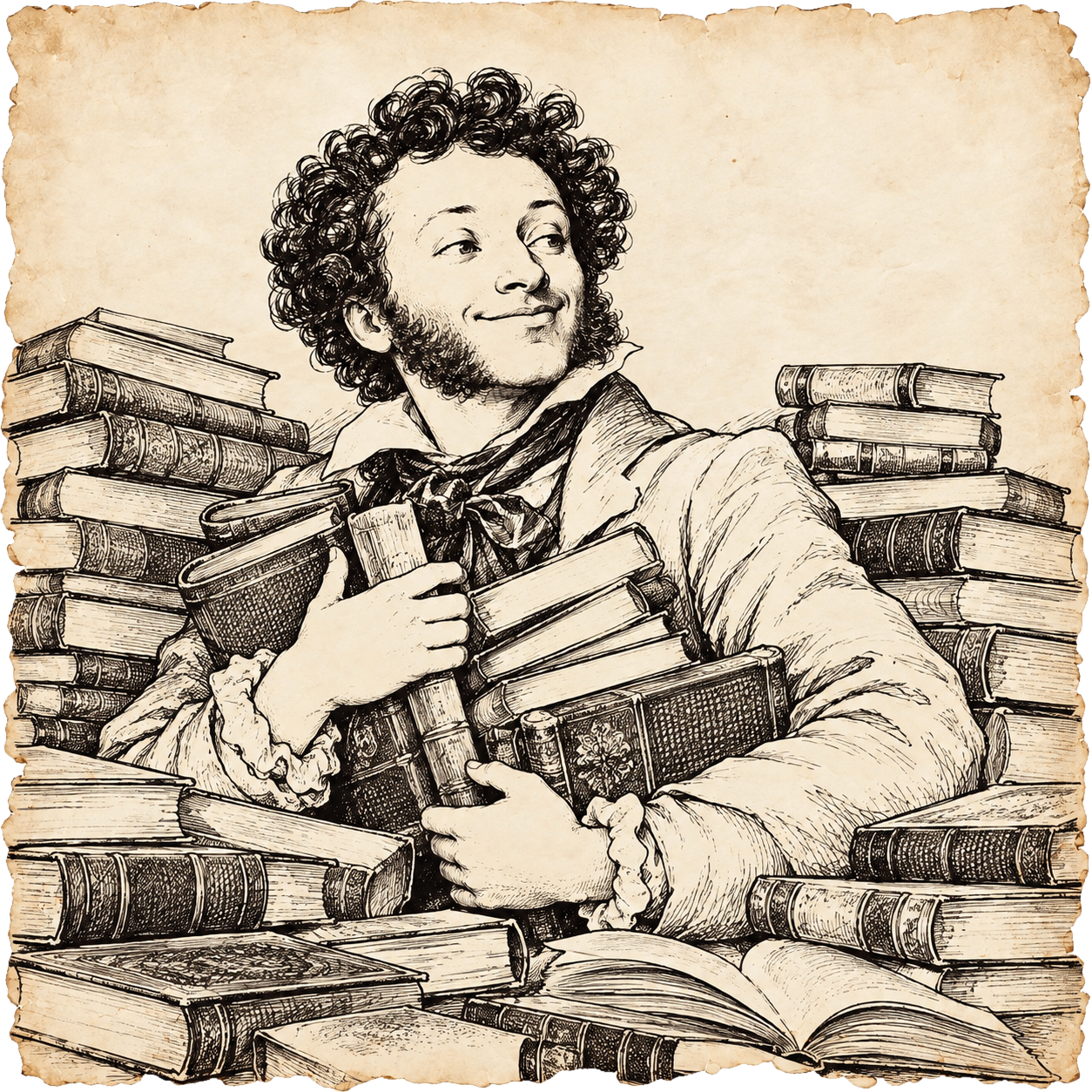 Пушкин с охапкой книг